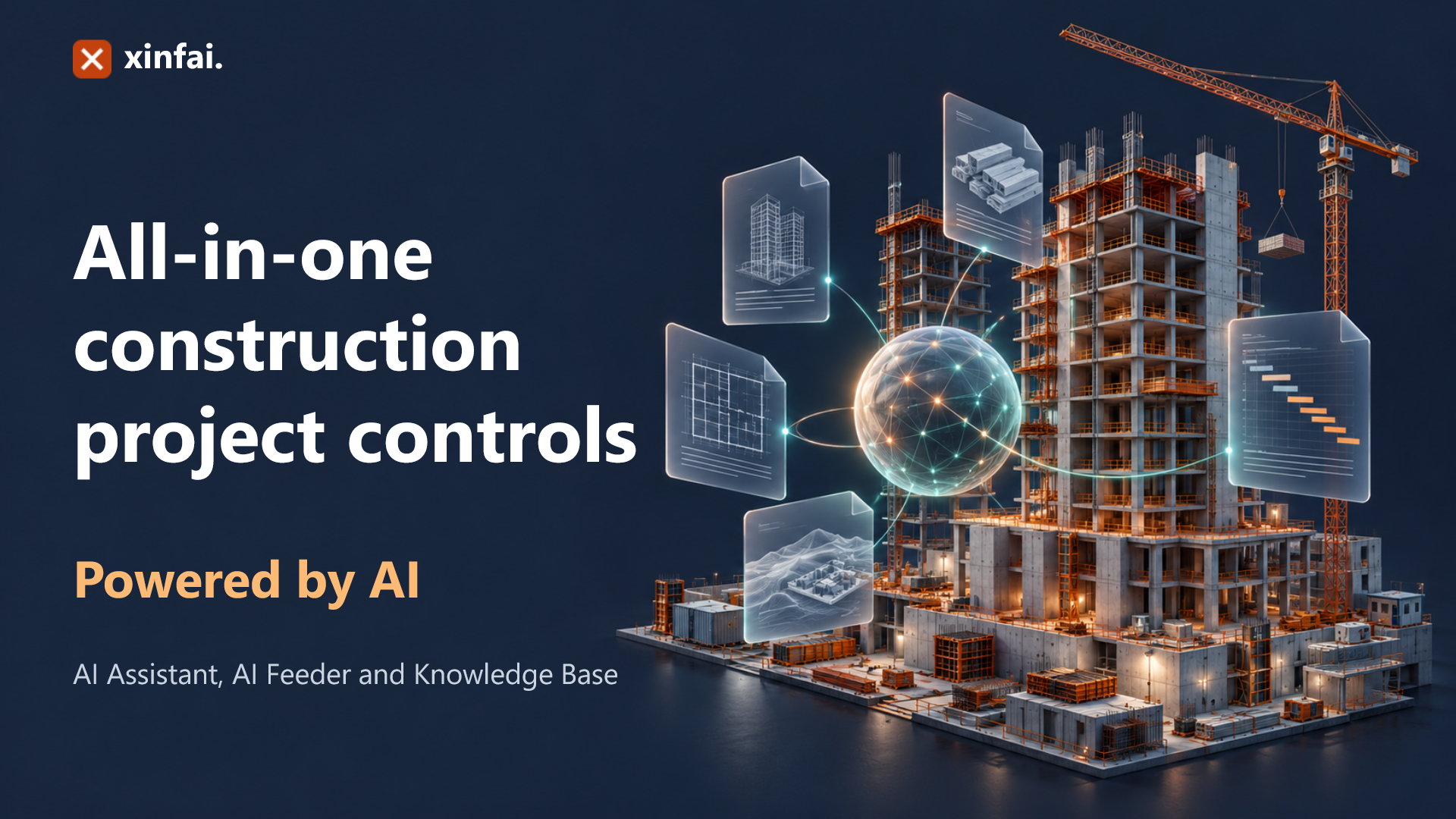 Slide 1: All-in-one construction project controls, powered by AI. AI Assistant, AI Feeder and Knowledge Base.